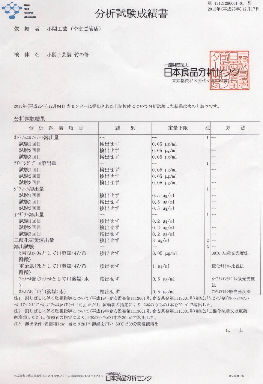 箸　安心安全　分析試験成績書